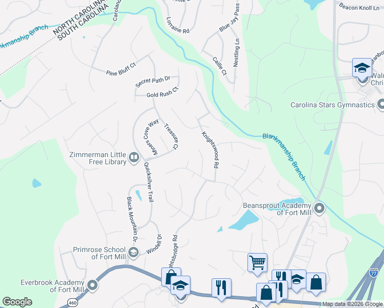map of restaurants, bars, coffee shops, grocery stores, and more near 109 Millbank Court in Fort Mill