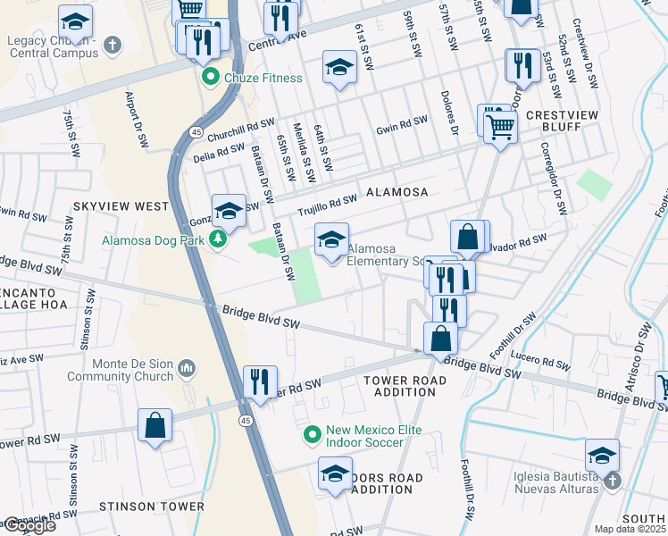 map of restaurants, bars, coffee shops, grocery stores, and more near 6500 Sunset Gardens Road Southwest in Albuquerque