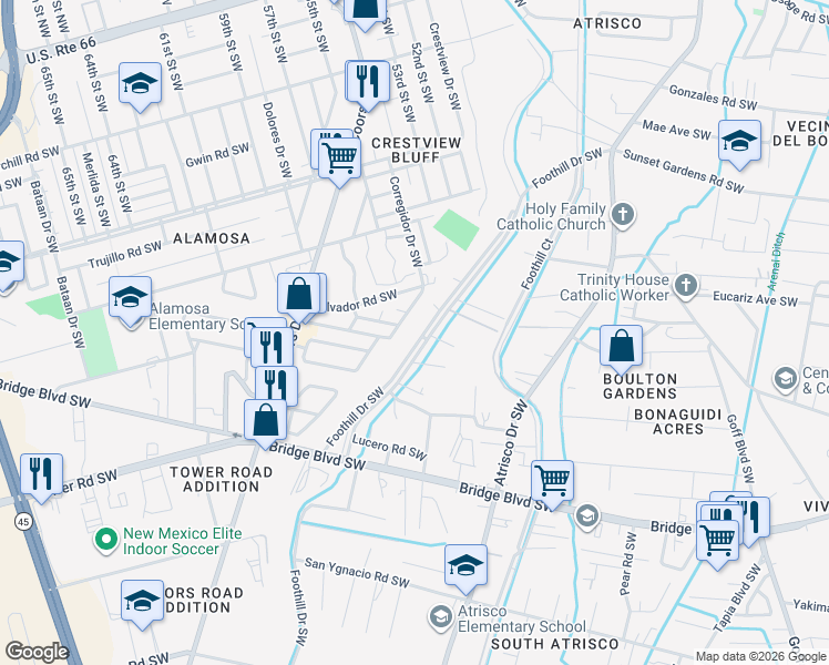 map of restaurants, bars, coffee shops, grocery stores, and more near 727 Foothill Drive Southwest in Albuquerque