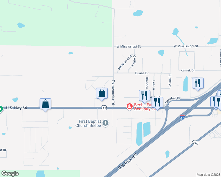 map of restaurants, bars, coffee shops, grocery stores, and more near 123 Dugger Road in Beebe