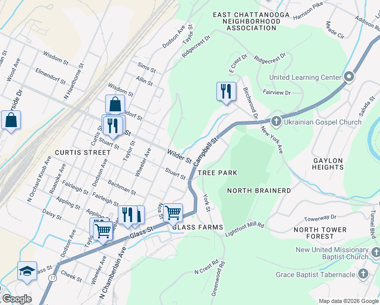 map of restaurants, bars, coffee shops, grocery stores, and more near 3110 Noa Street in Chattanooga