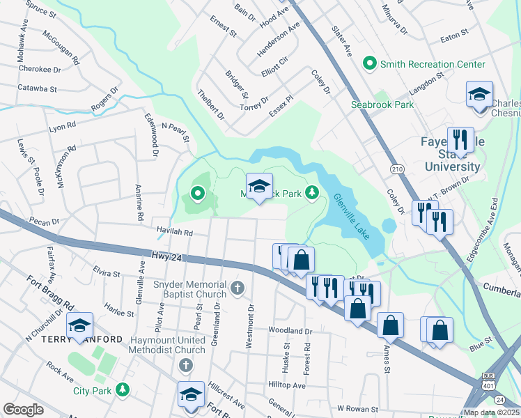 map of restaurants, bars, coffee shops, grocery stores, and more near 1412 Belvedere Avenue in Fayetteville