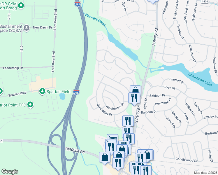 map of restaurants, bars, coffee shops, grocery stores, and more near 6875 Winchester Street in Fayetteville