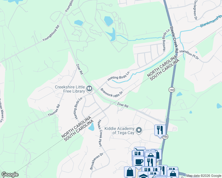 map of restaurants, bars, coffee shops, grocery stores, and more near 15011 Kinnegal Lane in Charlotte