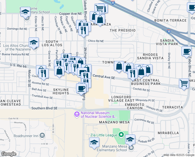map of restaurants, bars, coffee shops, grocery stores, and more near 10600 Central Avenue Southeast in Albuquerque