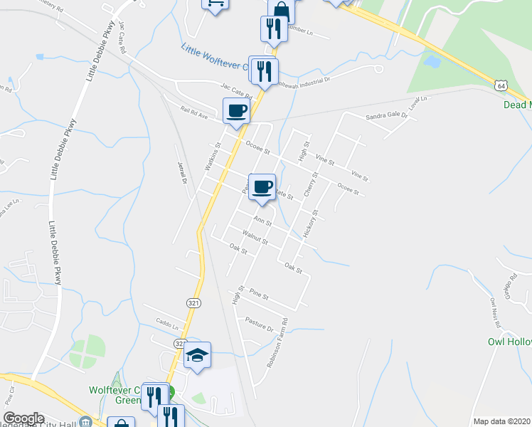 map of restaurants, bars, coffee shops, grocery stores, and more near 9508 Church Street in Ooltewah
