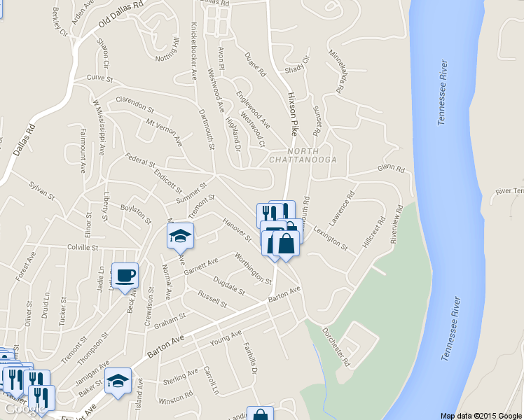 map of restaurants, bars, coffee shops, grocery stores, and more near 1139 Dartmouth Street in Chattanooga