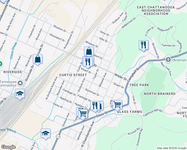 map of restaurants, bars, coffee shops, grocery stores, and more near 2915 Taylor Street in Chattanooga