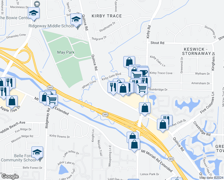 map of restaurants, bars, coffee shops, grocery stores, and more near 6480 Quince Road in Memphis