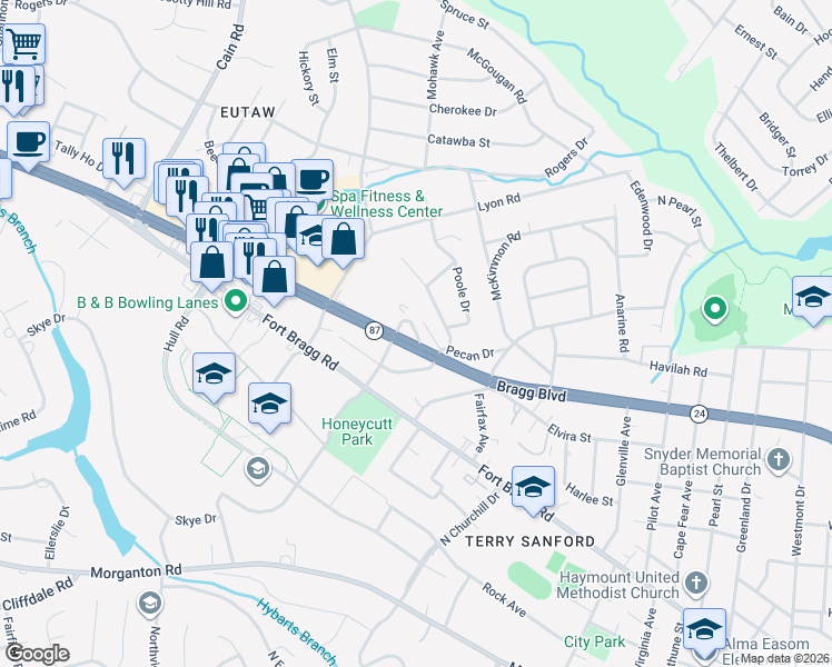 map of restaurants, bars, coffee shops, grocery stores, and more near 2326 Barrington Circle in Fayetteville