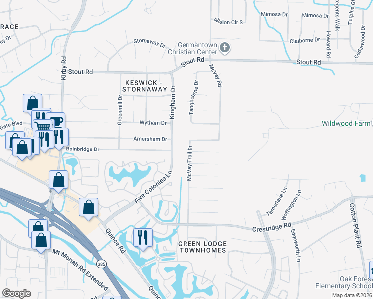 map of restaurants, bars, coffee shops, grocery stores, and more near 2835 McVay Road in Memphis