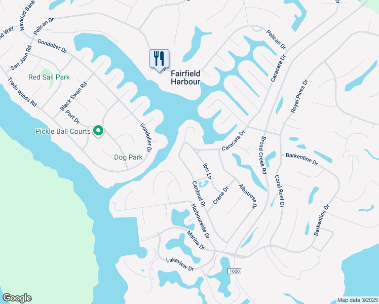 map of restaurants, bars, coffee shops, grocery stores, and more near 6102 Ibis Lane in New Bern