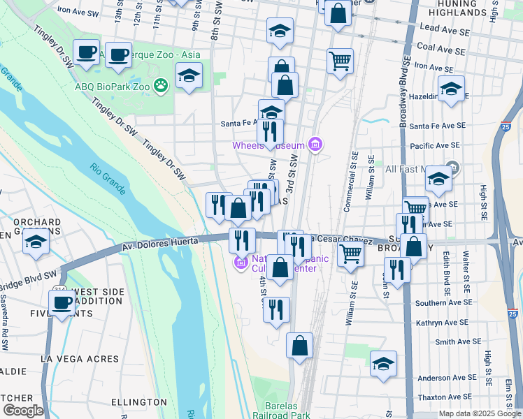 map of restaurants, bars, coffee shops, grocery stores, and more near 1417 4th Street Southwest in Albuquerque
