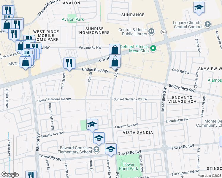 map of restaurants, bars, coffee shops, grocery stores, and more near 300 Cll Amarillo Southwest in Albuquerque
