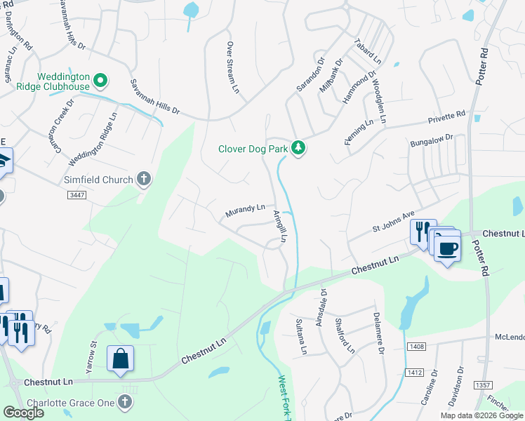 map of restaurants, bars, coffee shops, grocery stores, and more near 1009 Murandy Lane in Matthews
