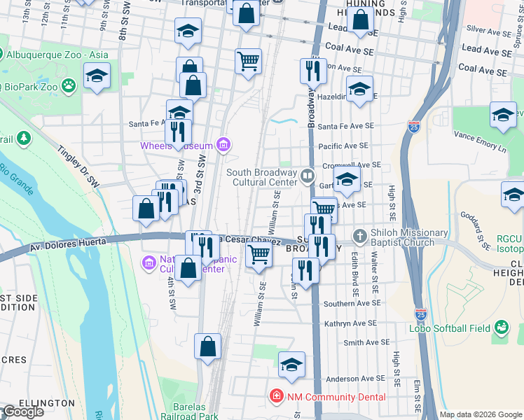 map of restaurants, bars, coffee shops, grocery stores, and more near 108 Lewis Avenue Southeast in Albuquerque