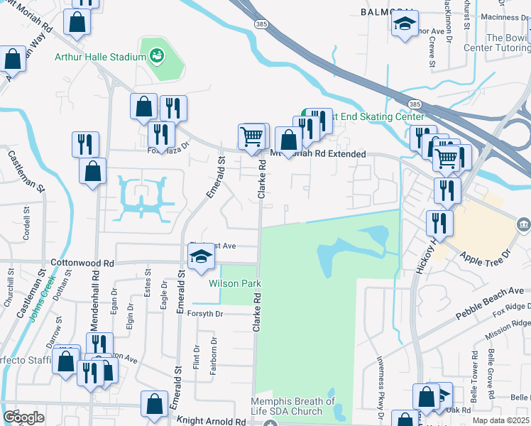 map of restaurants, bars, coffee shops, grocery stores, and more near 2824 Clarke Road in Memphis