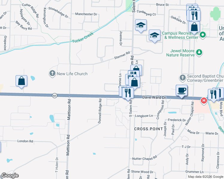 map of restaurants, bars, coffee shops, grocery stores, and more near 3040 Sassy Road in Conway