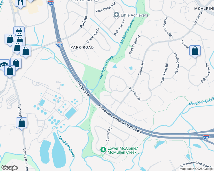 map of restaurants, bars, coffee shops, grocery stores, and more near 12018 5 Cedars Road in Charlotte