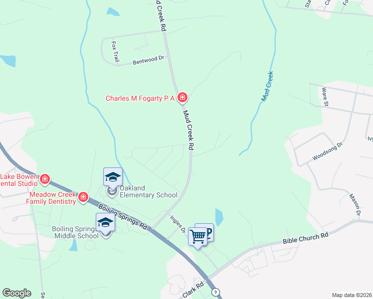 map of restaurants, bars, coffee shops, grocery stores, and more near 285 Mud Creek Road in Inman