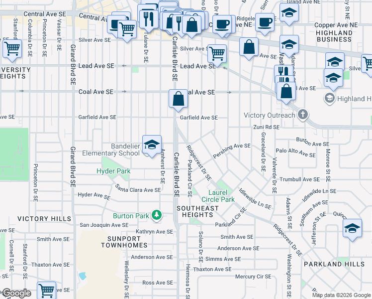map of restaurants, bars, coffee shops, grocery stores, and more near 605 Ridgecrest Drive Southeast in Albuquerque
