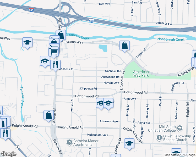 map of restaurants, bars, coffee shops, grocery stores, and more near 4159 Arrowhead Road in Memphis