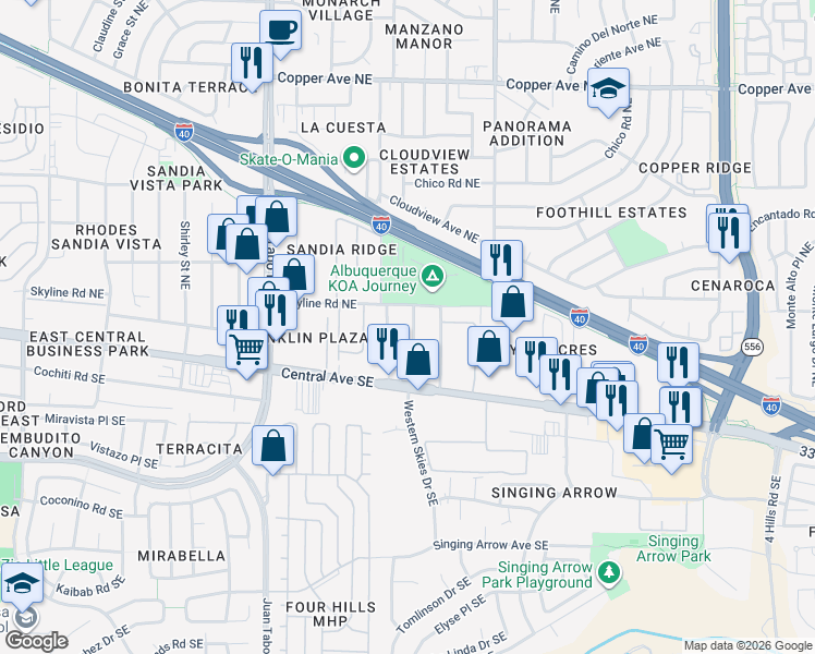map of restaurants, bars, coffee shops, grocery stores, and more near 234 Burma Drive Northeast in Albuquerque