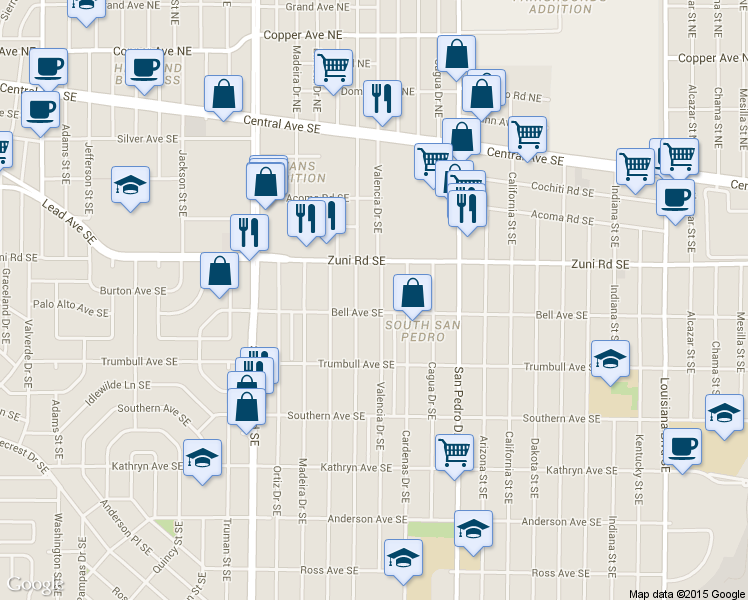 map of restaurants, bars, coffee shops, grocery stores, and more near 537 Valencia Drive Southeast in Albuquerque
