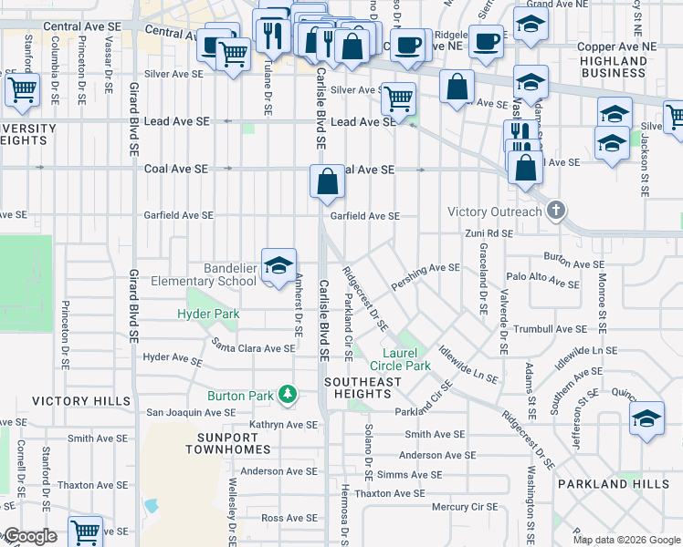 map of restaurants, bars, coffee shops, grocery stores, and more near 605 Ridgecrest Drive Southeast in Albuquerque