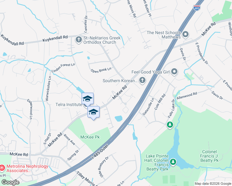 map of restaurants, bars, coffee shops, grocery stores, and more near 3748 Highland Castle Way in Charlotte