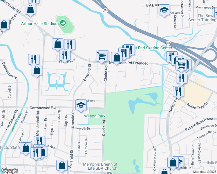map of restaurants, bars, coffee shops, grocery stores, and more near 2824 Clarke Road in Memphis