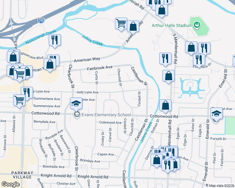 map of restaurants, bars, coffee shops, grocery stores, and more near 2829 Churchill Street in Memphis