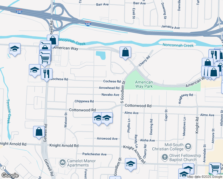 map of restaurants, bars, coffee shops, grocery stores, and more near 4241 Arrowhead Road in Memphis