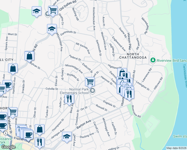 map of restaurants, bars, coffee shops, grocery stores, and more near 1003 Endicott Street in Chattanooga