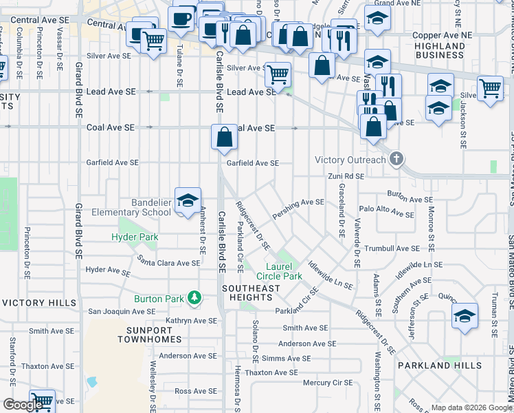map of restaurants, bars, coffee shops, grocery stores, and more near 607 Solano Dr SE in Albuquerque