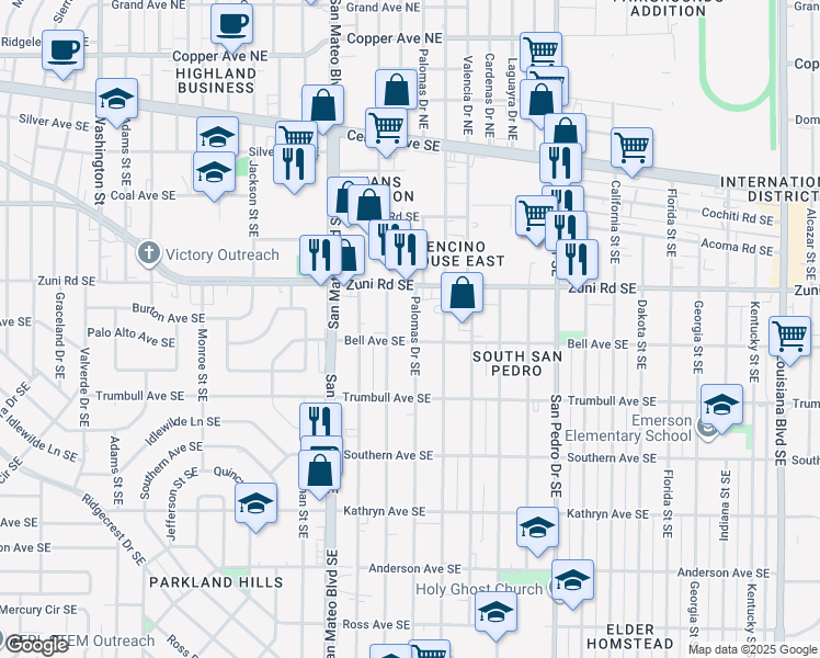 map of restaurants, bars, coffee shops, grocery stores, and more near 537 Palomas Drive Southeast in Albuquerque