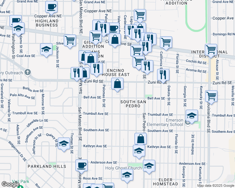map of restaurants, bars, coffee shops, grocery stores, and more near 537 Valencia Drive Southeast in Albuquerque