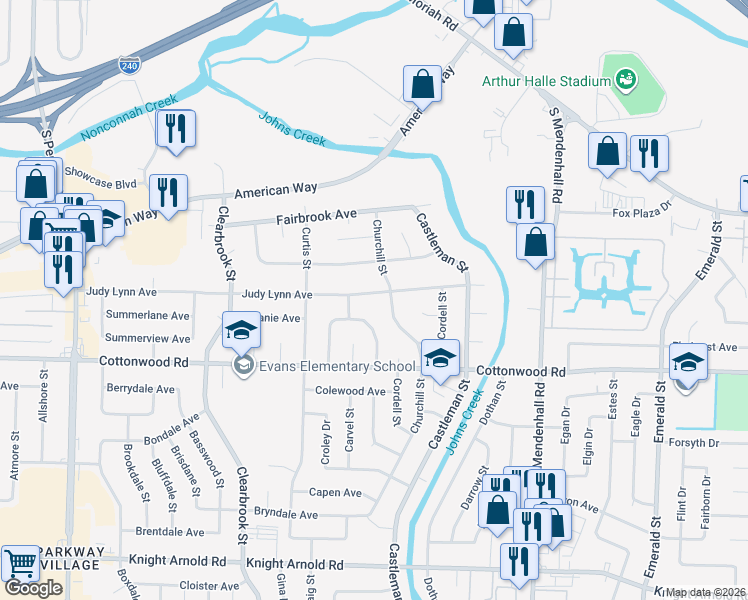 map of restaurants, bars, coffee shops, grocery stores, and more near 2829 Churchill Street in Memphis