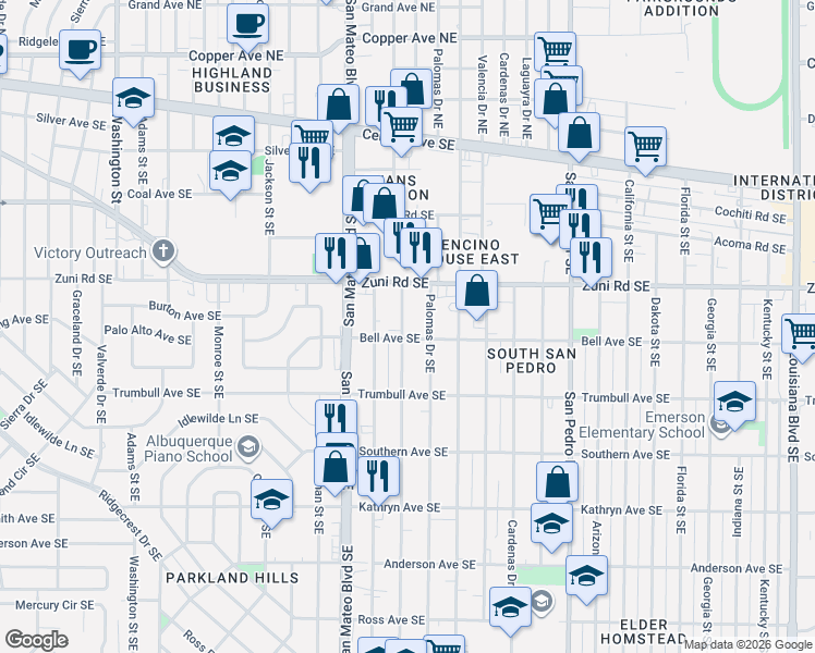 map of restaurants, bars, coffee shops, grocery stores, and more near 536 Madeira Drive Southeast in Albuquerque