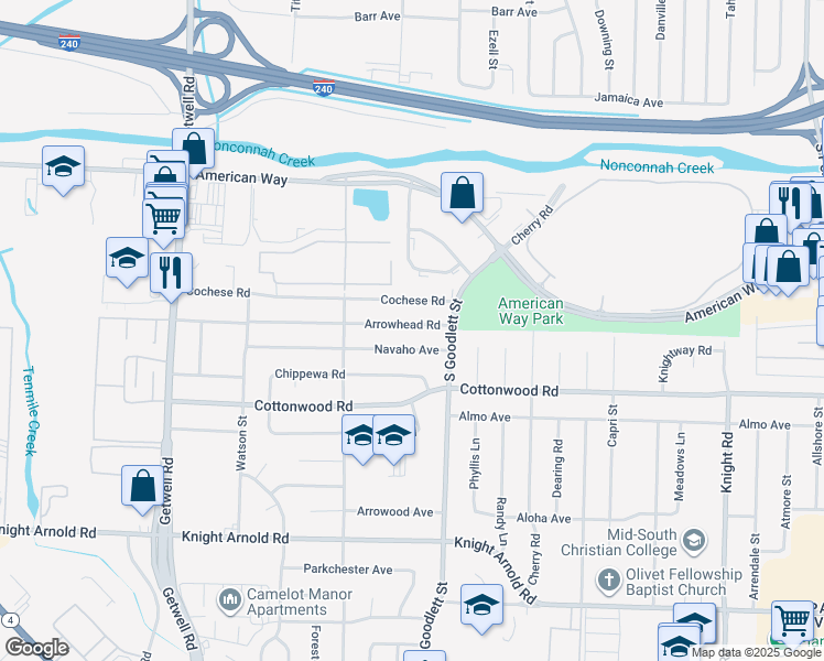 map of restaurants, bars, coffee shops, grocery stores, and more near 4241 Arrowhead Road in Memphis