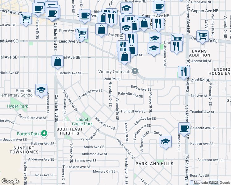 map of restaurants, bars, coffee shops, grocery stores, and more near 617 Valverde Drive Southeast in Albuquerque
