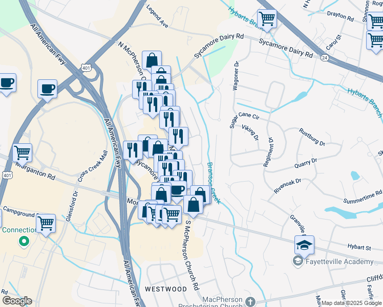 map of restaurants, bars, coffee shops, grocery stores, and more near 42 Cambridge Arms in Fayetteville