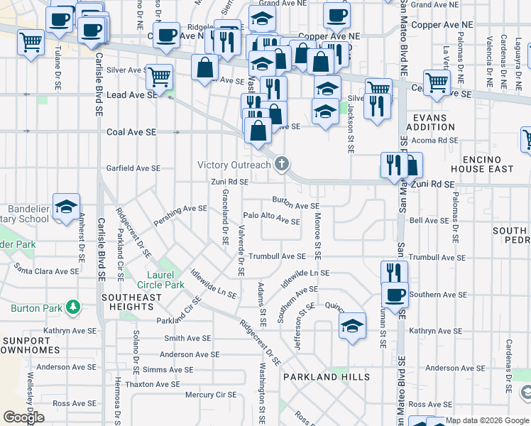 map of restaurants, bars, coffee shops, grocery stores, and more near 614 Adams Street Southeast in Albuquerque