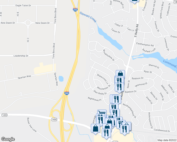 map of restaurants, bars, coffee shops, grocery stores, and more near 720 Glen Reilly Drive in Fayetteville