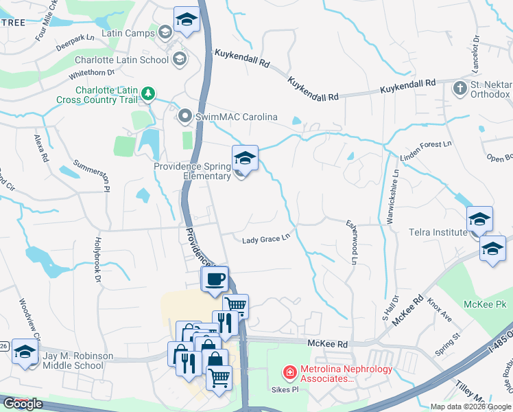 map of restaurants, bars, coffee shops, grocery stores, and more near 4903 Sarah Hall Lane in Charlotte