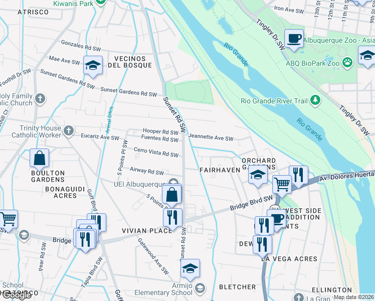 map of restaurants, bars, coffee shops, grocery stores, and more near 658 Sunset Road Southwest in Albuquerque