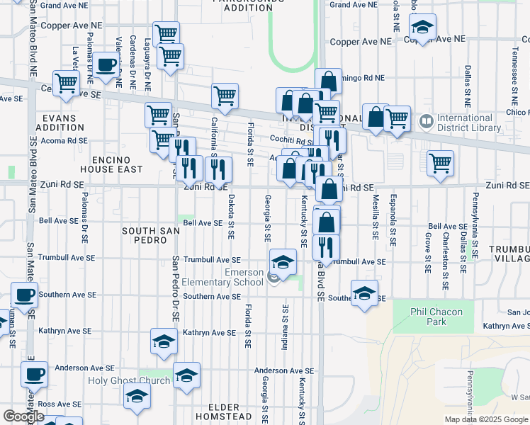 map of restaurants, bars, coffee shops, grocery stores, and more near 437 Georgia Street Southeast in Albuquerque
