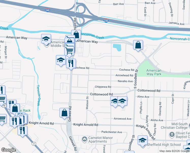 map of restaurants, bars, coffee shops, grocery stores, and more near 4063 Arrowhead Road in Memphis
