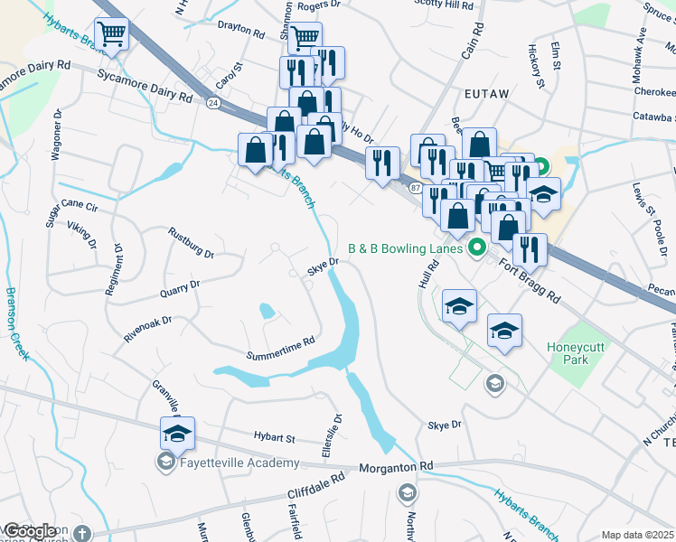 map of restaurants, bars, coffee shops, grocery stores, and more near 2925 Skye Drive in Fayetteville