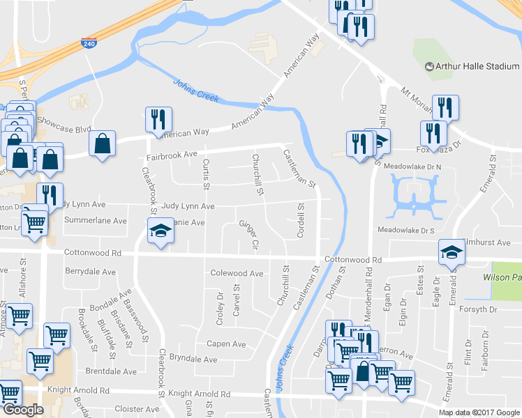 map of restaurants, bars, coffee shops, grocery stores, and more near 2829 Churchill Street in Memphis